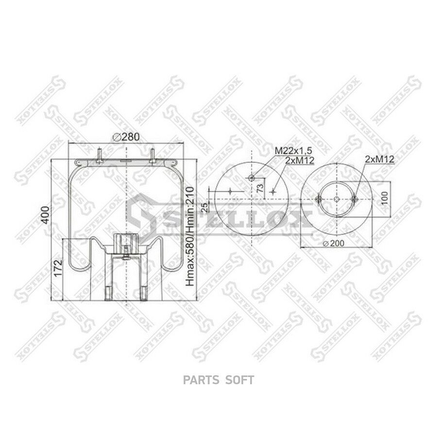 STELLOX 9041572SX 90-41572-SX пневмоподушка со стак. !2шп. M12смещ.25. 1отв. штуц. M22. Поршень пластик 2 отв. M12 \ROR
