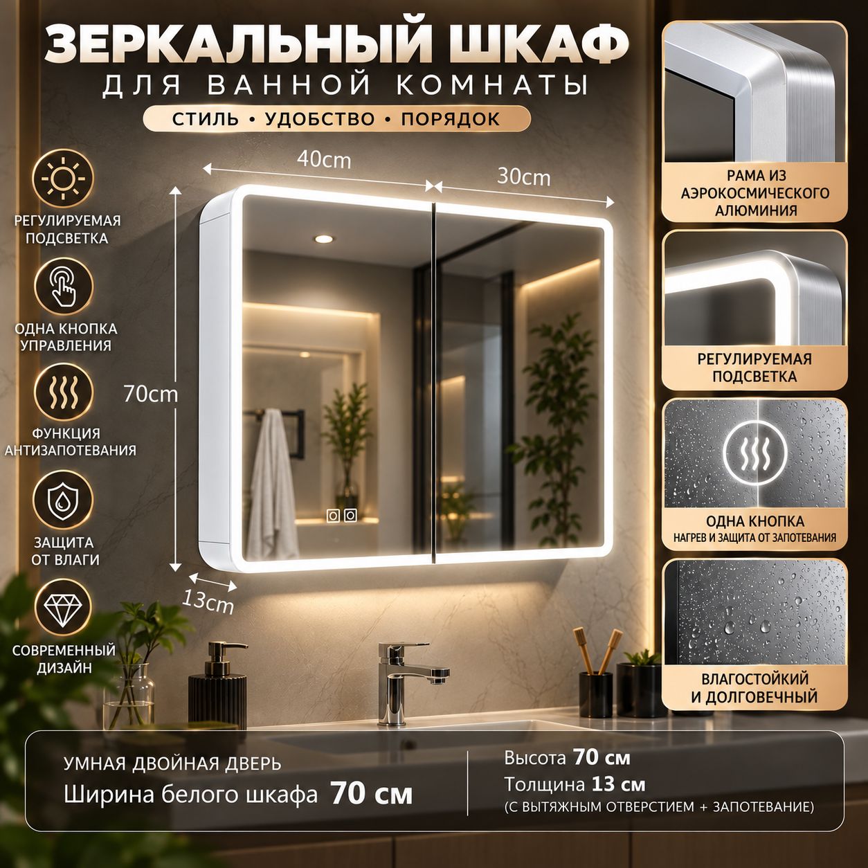 Алюминиевый зеркальный шкаф для ванной комнаты Smart Space ,65,70, белый, прозрачный