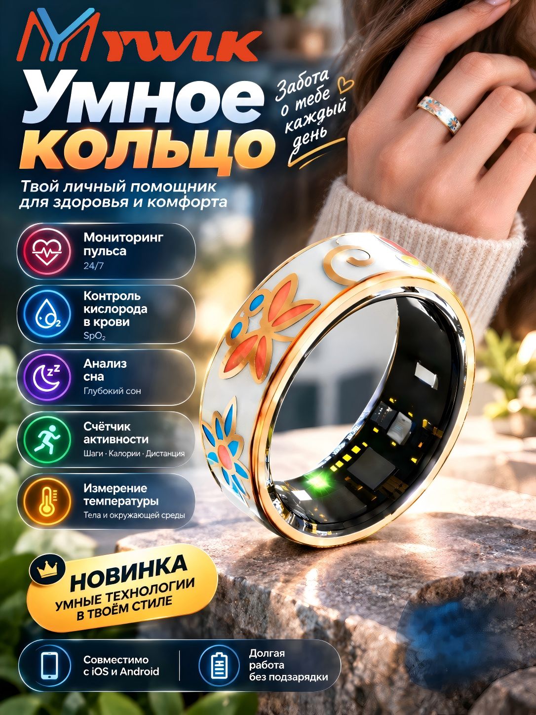 MYWLK Умное кольцо с пульсоксиметром и мониторингом сердца, спортивный трекер. Идеальный подарок для родных. Совместимо с Xiaomi, Apple, Samsung. Проводная зарядка