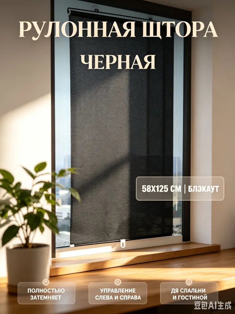 Рулонная штора, черная, 58x125 см, 1 шт