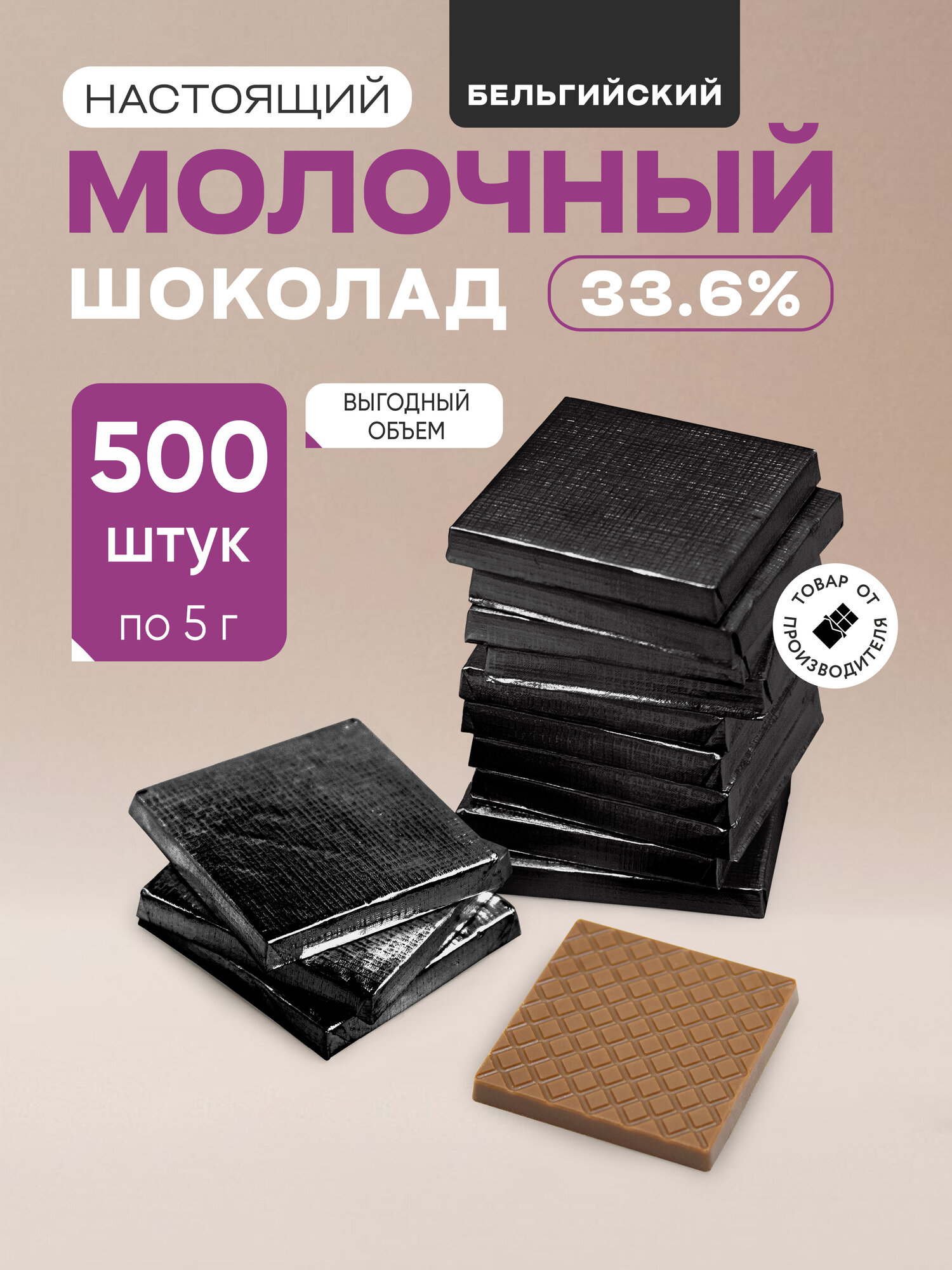 Плитки 5 г из молочного шоколада (33,6%) в черной фольге, 500 шт