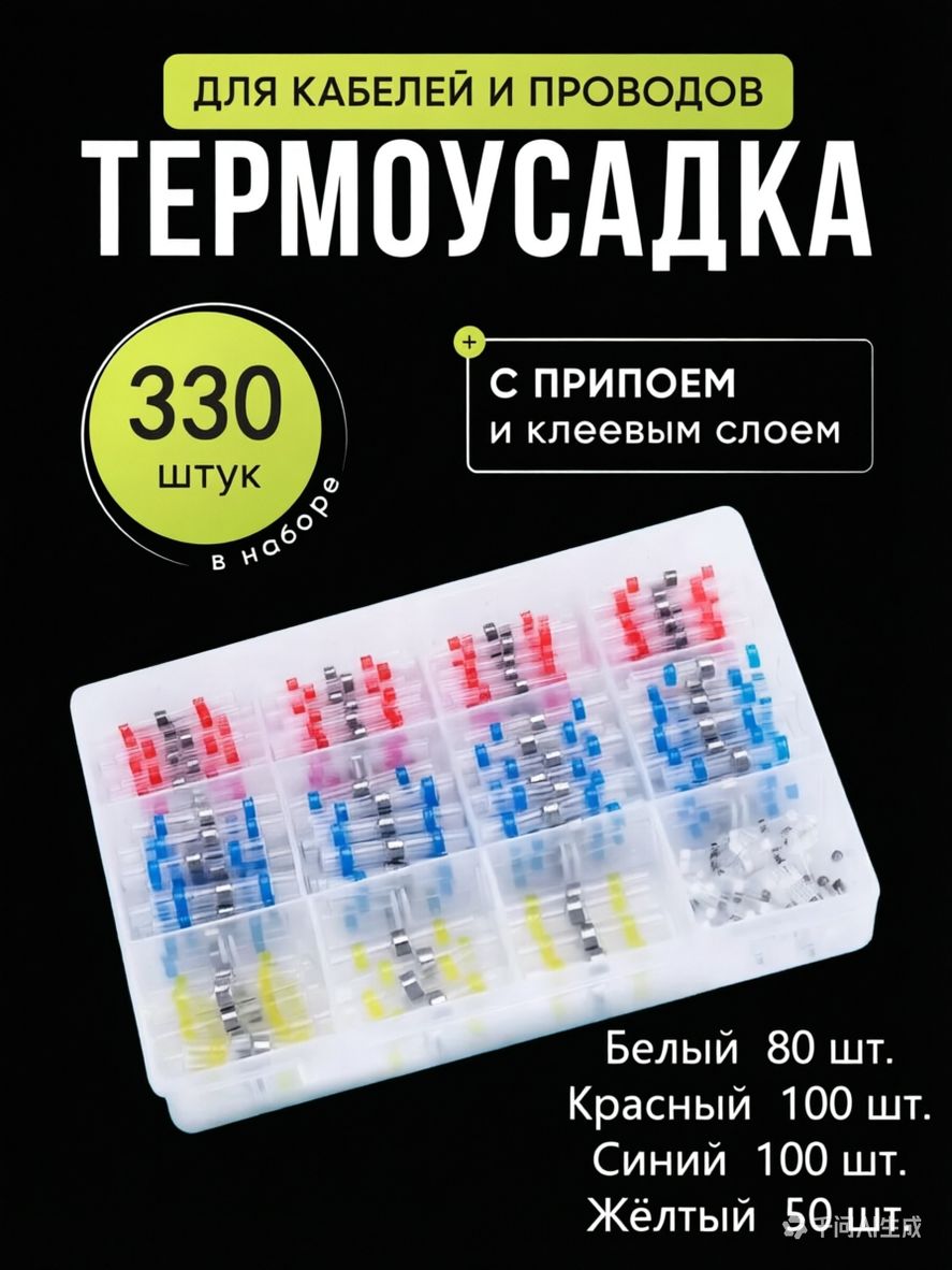 Термоусадочные муфты для пайки проводов 0,4 мм с клеевым слоем и припоем, комплект 330 шт, Диаметр 0,4 мм