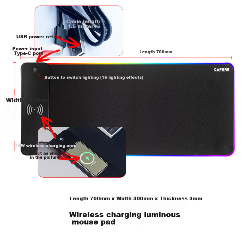 CAPERE RGB беспроводная зарядка светящаяся игровая мышиная подложка большого размера не скользящая устойчивая к