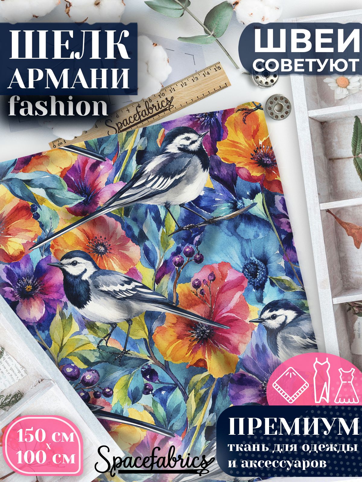 Ткань для шитья шелк Армани, искусственный атлас шелк для костюмов, платьев, юбок с принтом Трясогузки