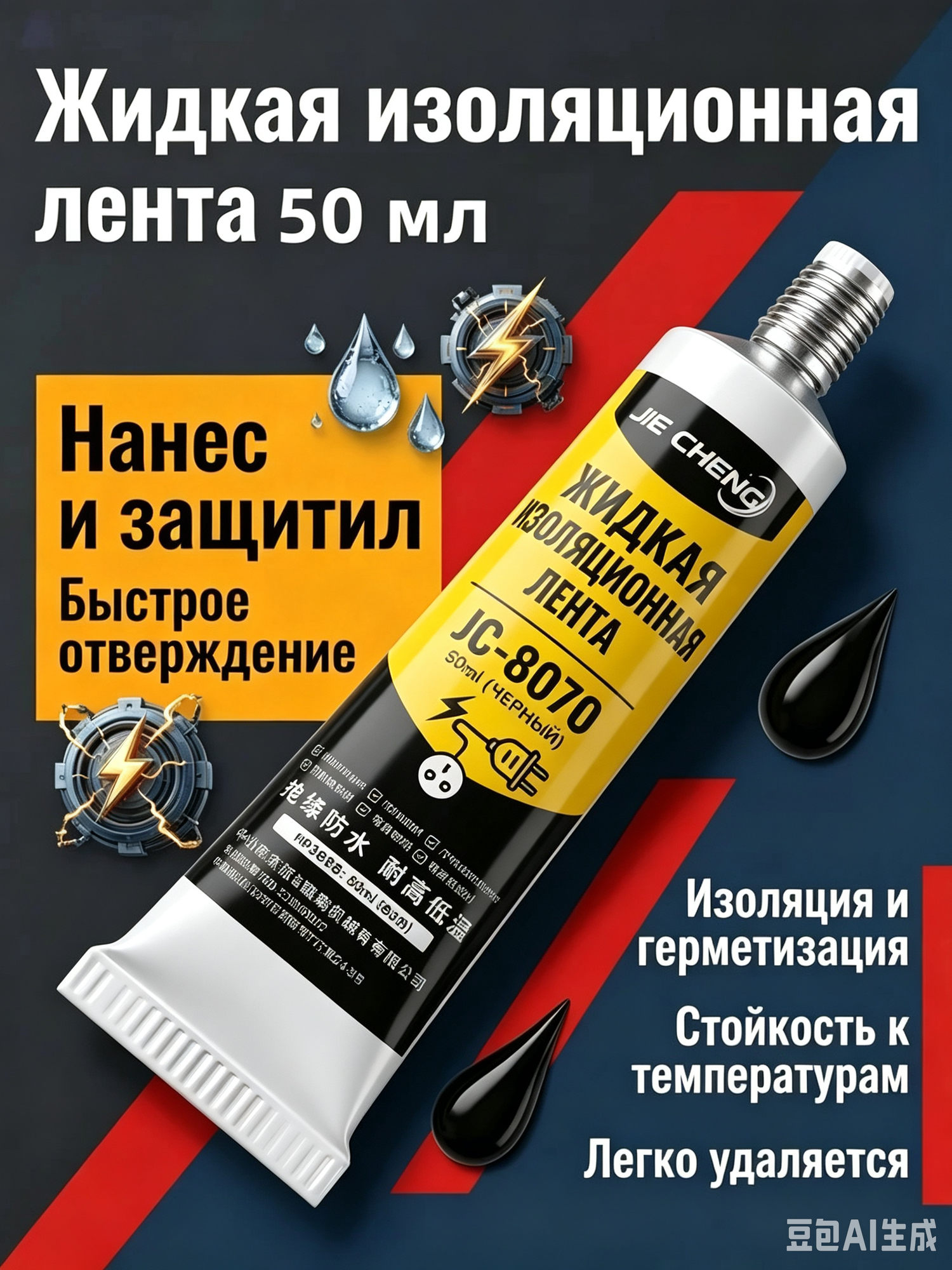 Черный изолгерметик 50мл 1шт для кабелей, быстросох клей проводов, изолента бытовой и морской электротехники