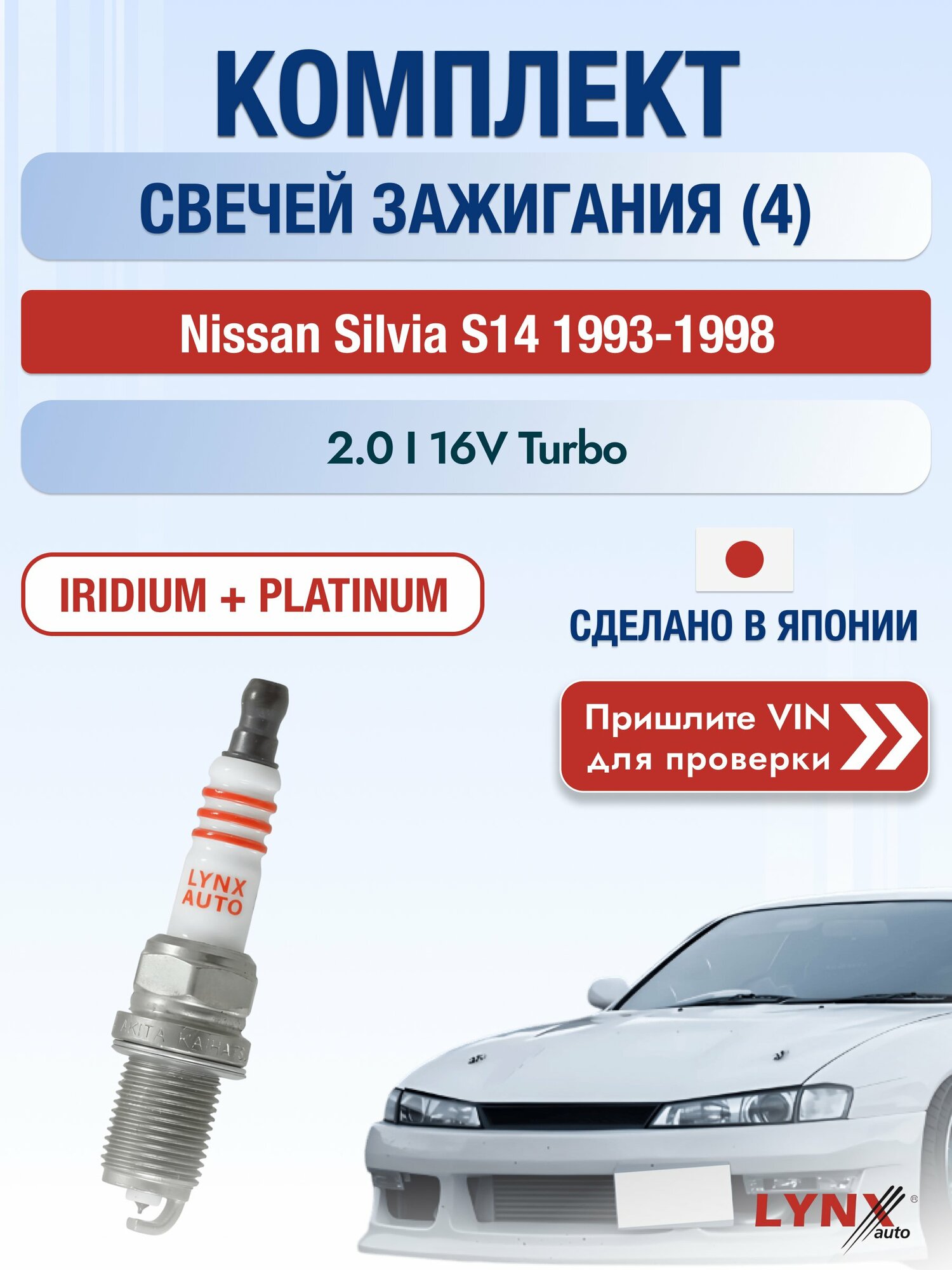 Свечи зажигания на Nissan Silvia S14, комплект 4 шт / 1993-1998 / Двигатель 2.0 i 16V Turbo (SR20DET) SР-358 LYNXauto