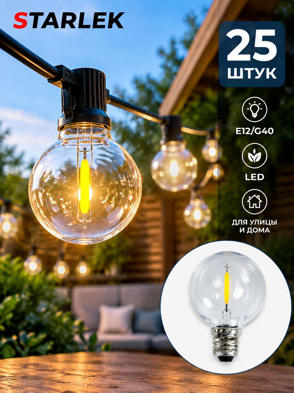 Лампочки светодиодные Ретро для уличной гирлянды цоколь Е12/G40.25 шт