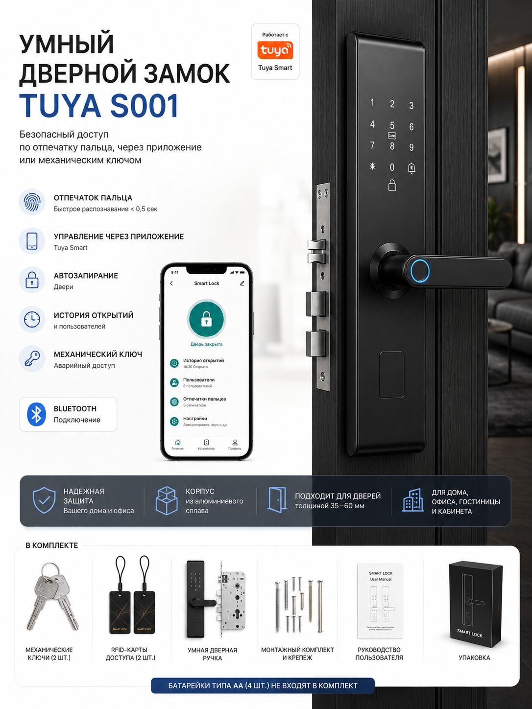 Умный дверной замок Tuya S001 (Touch ID/Wi-Fi/BT/RFID) RU Version