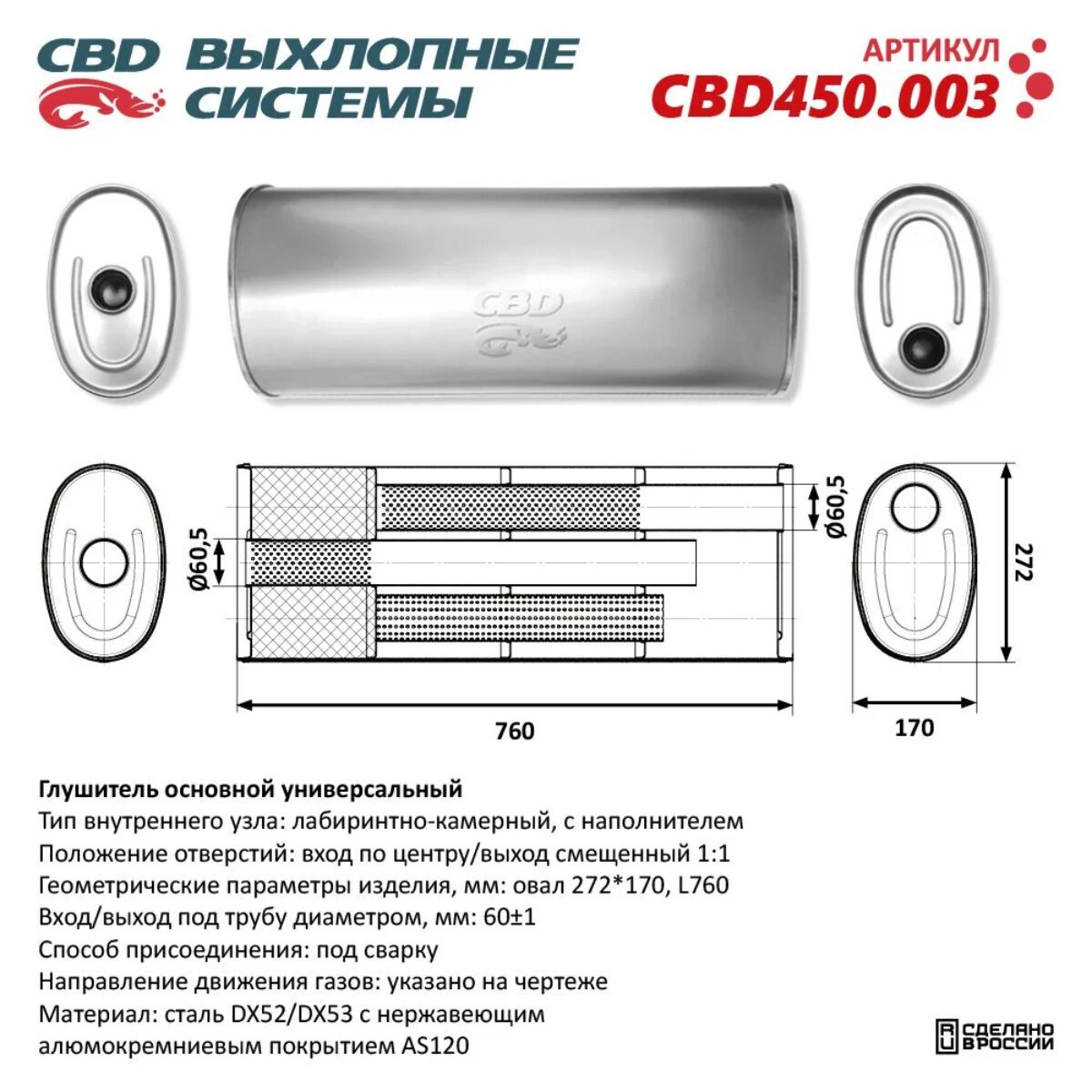 Гл. ун. 60/760/272*170 (овал) направленный, вх по центру / вых смещ, 4-камерн с наполн E-GLASS. Нерж.