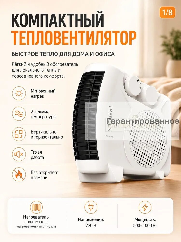 Компактный тепловентилятор электрический 220В 500-1000Вт, быстрый нагрев, 2 режима температуры, тихий обогреватель для дома офиса