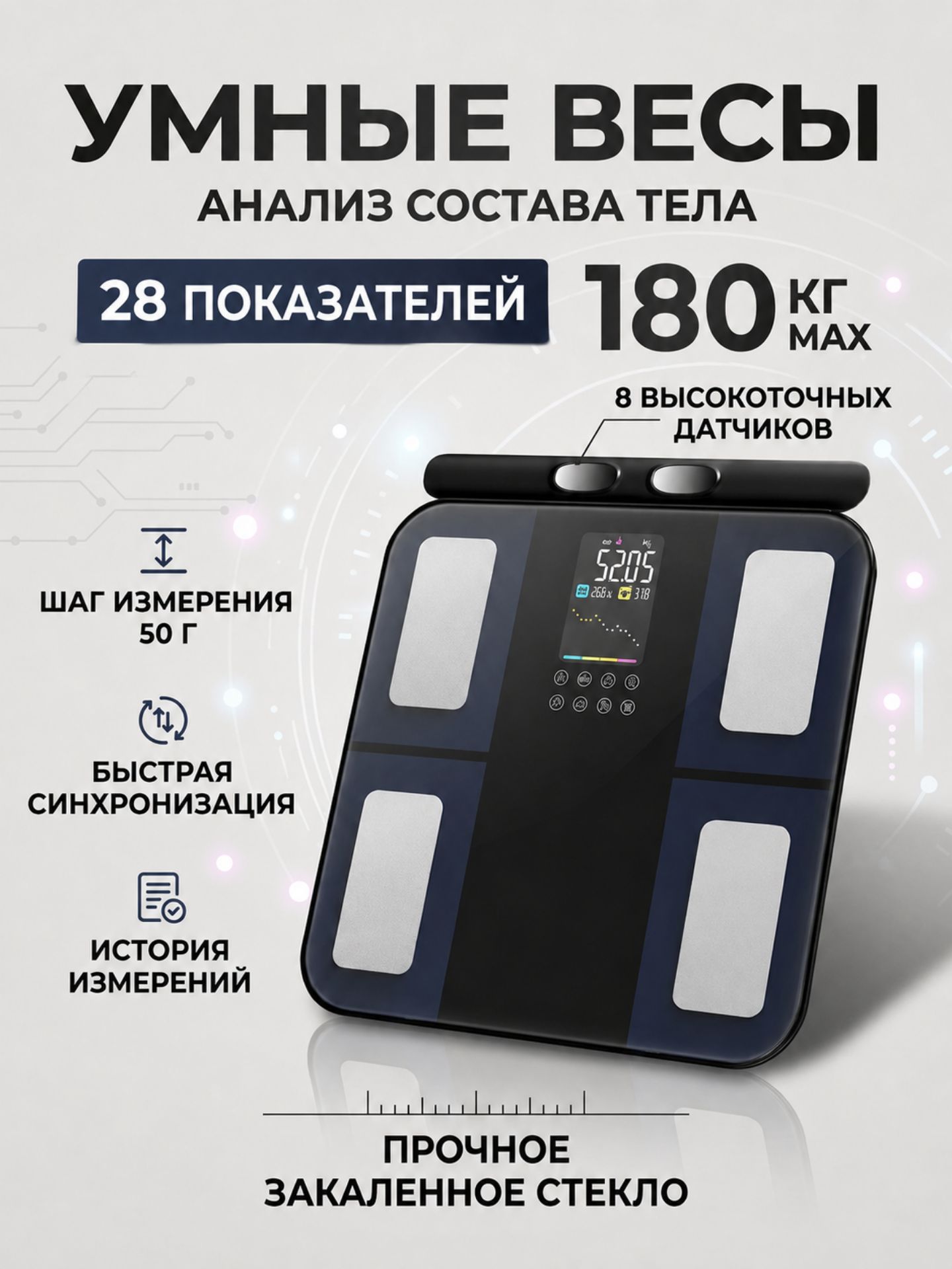 Умные весы с технологией биоимпедансного анализа, анализатор состава тела, Bluetooth, мобильное приложение, черные