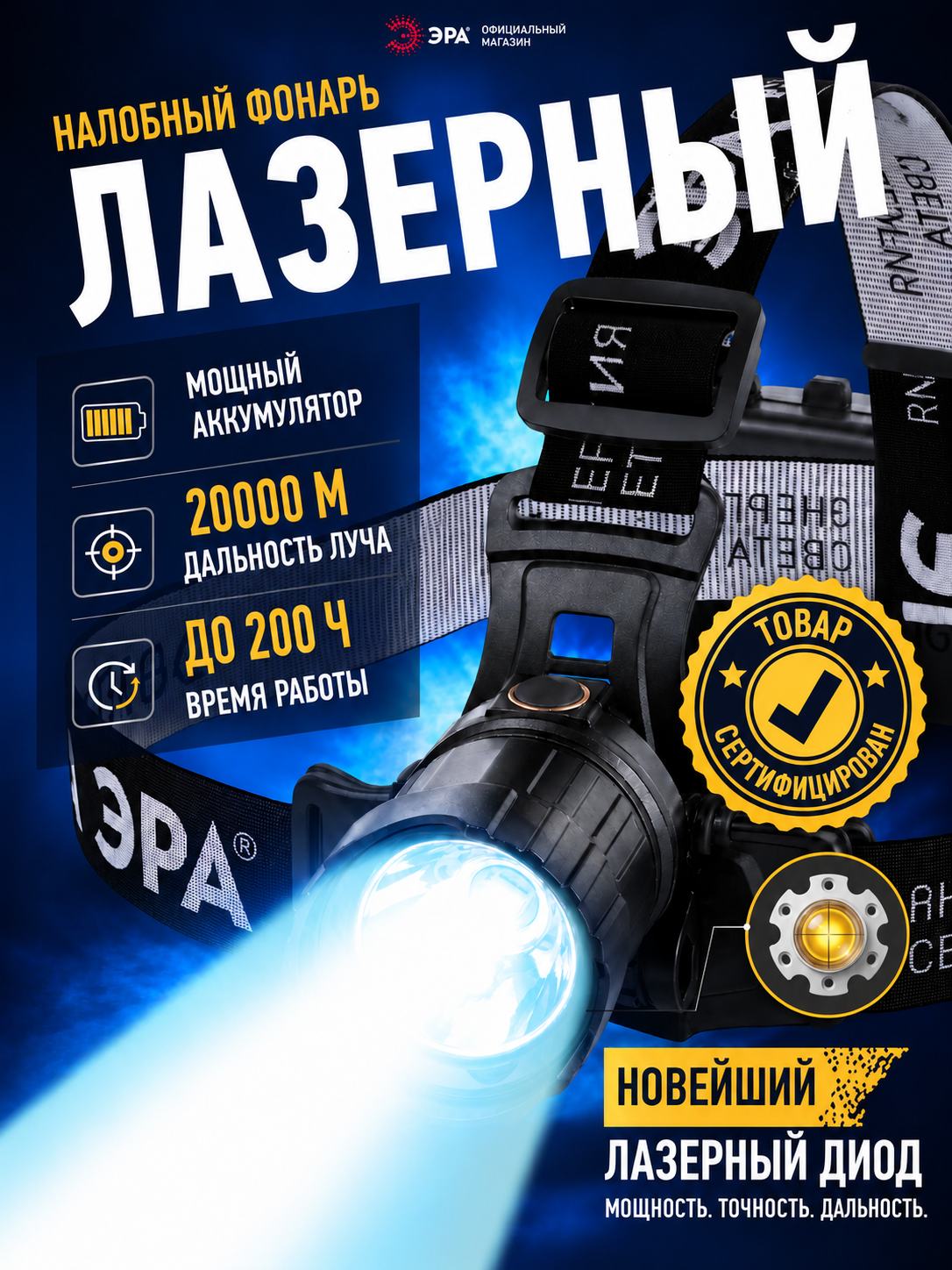 Фонарь налобный аккумуляторный ЭРА GA-815 светодиодный туристический для рыбалки 5 режимов USB type C