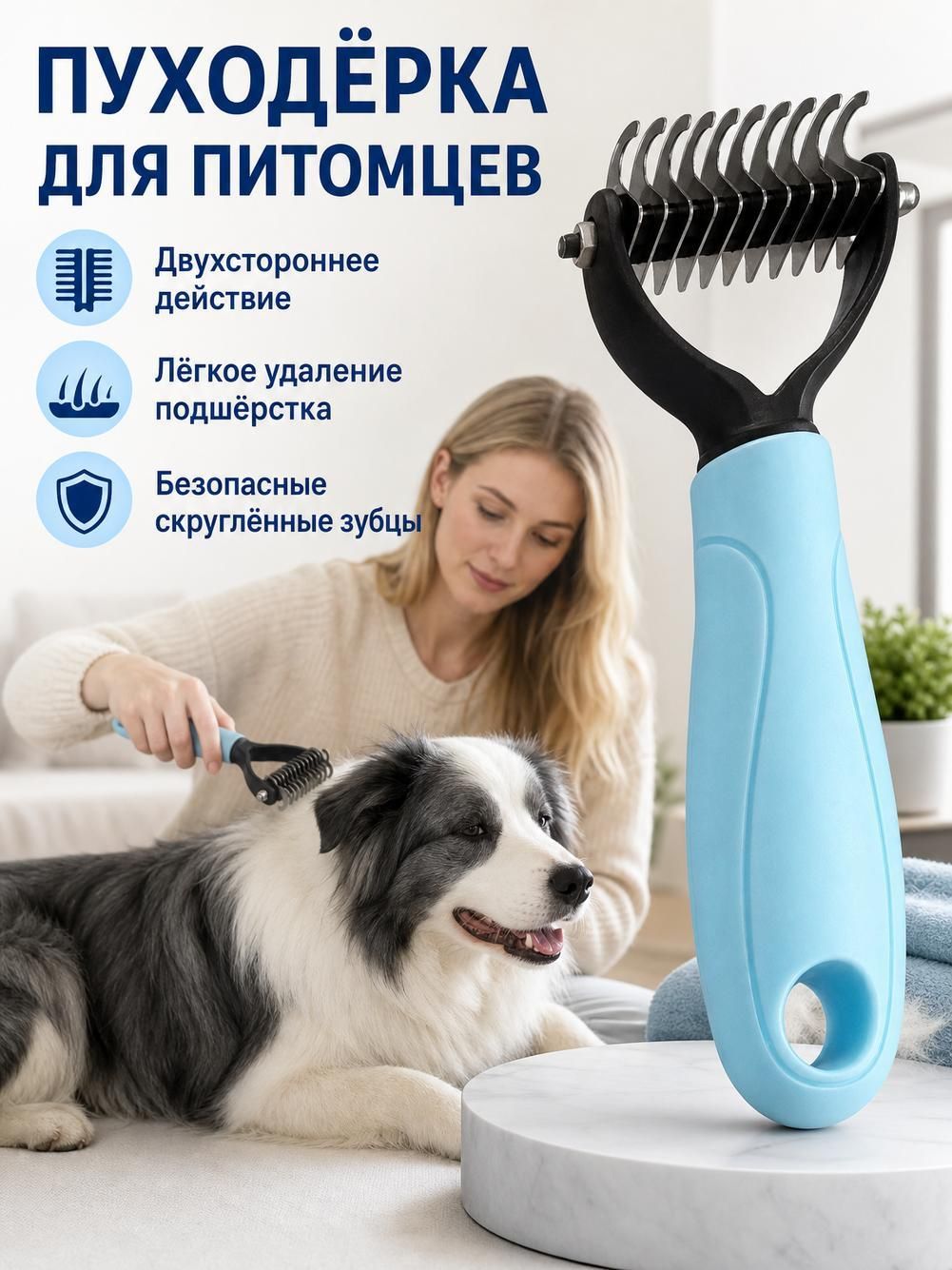 Колтунорезка для собак и кошек двусторонняя, дешеддер расческа вычесывания шерсти удаления колтунов у домашних животных, микс цветов