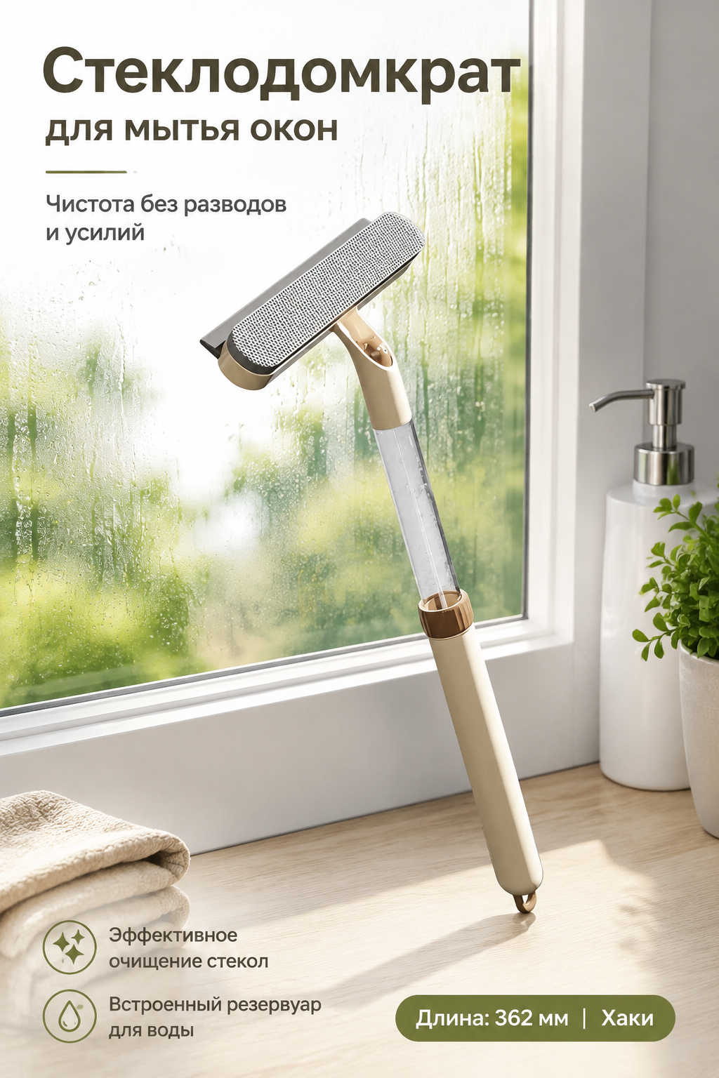 Стеклодомкрат для мытья окон с резервуаром для воды, 362 мм, хаки