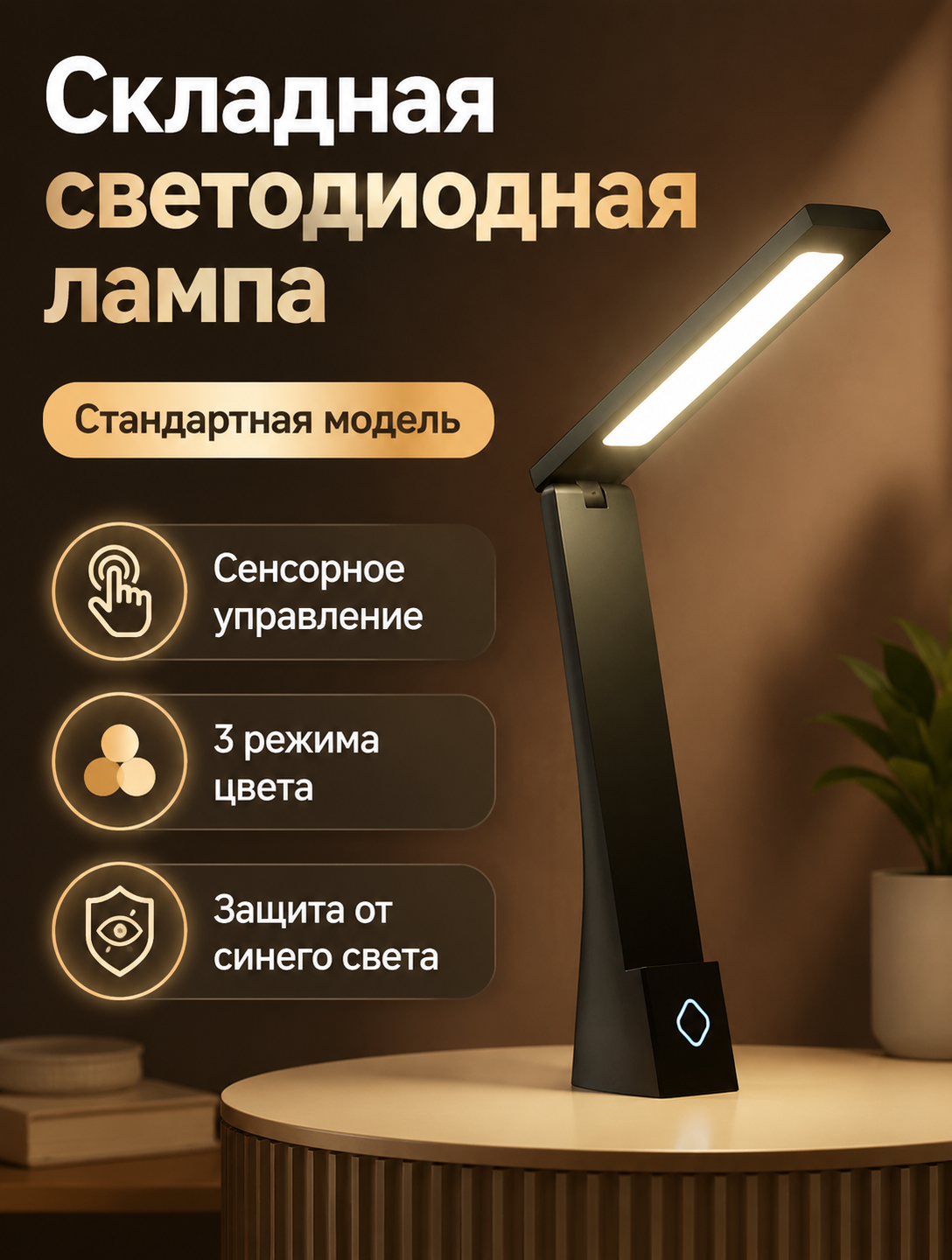 Складная светодиодная настольная лампа черного цвета с сенсорным управлением и встроенным аккумулятором для чтения и учебы