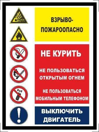 Табличка "Взрыво-пожароопасно! Не курить, не пользоваться открытым огнем, не пользоваться моб. телефоном, выключить двигатель!" А5 (20х15см)