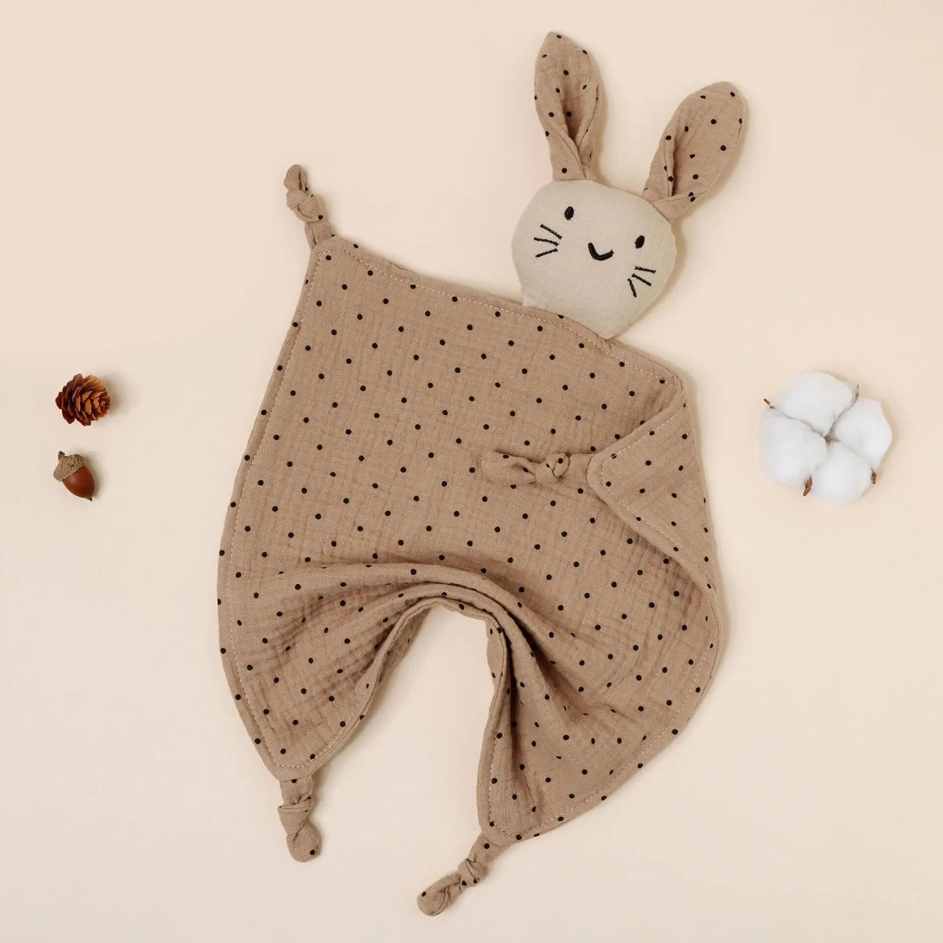 Хлопковый комфорер-игрушка котик для малыша Коричневый, Coffee dots