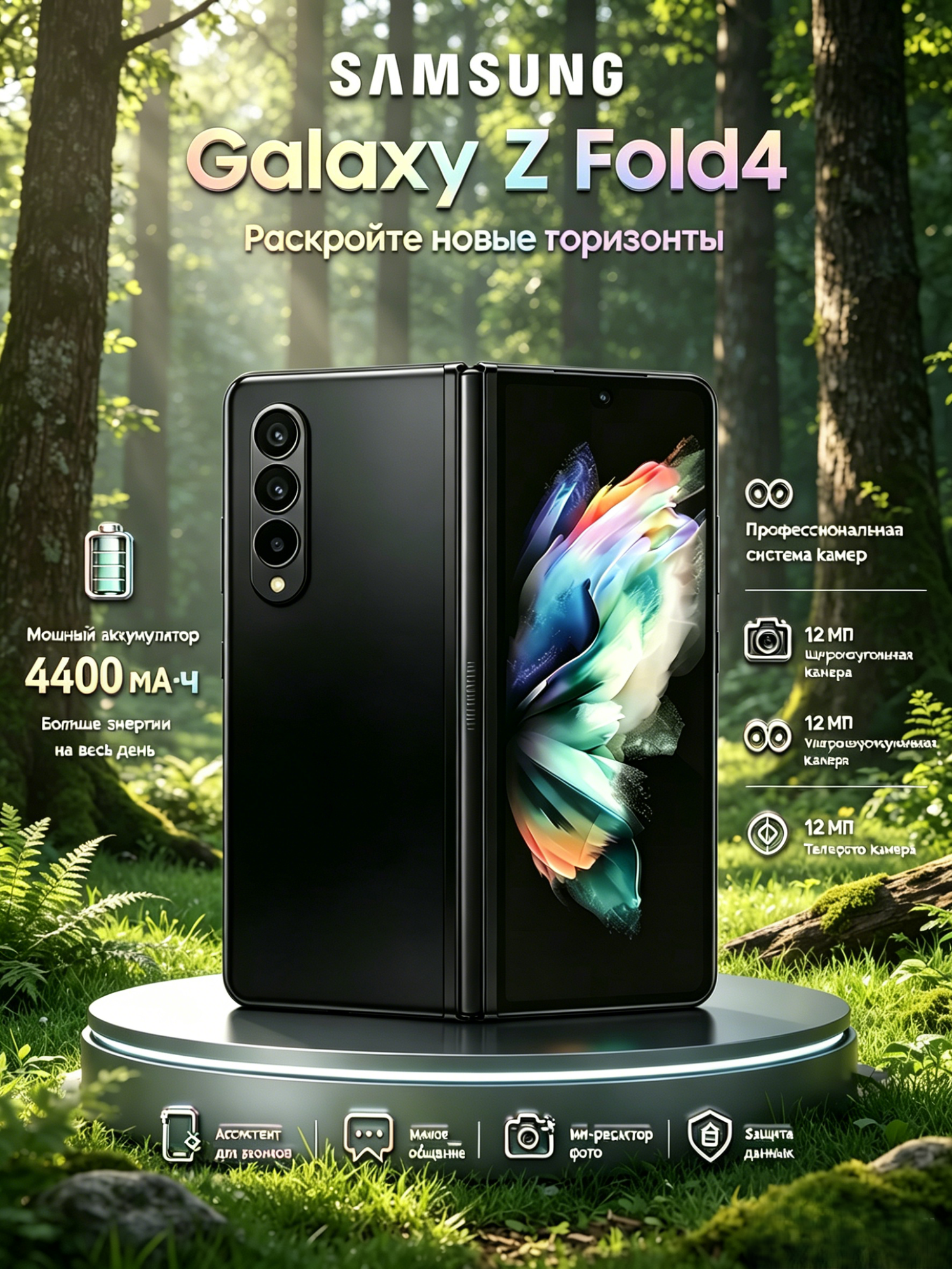 Смартфон Samsung Galaxy Z Fold4 5G 12/256 ГБ, Dual: nano‑SIM + eSIM, чёрный