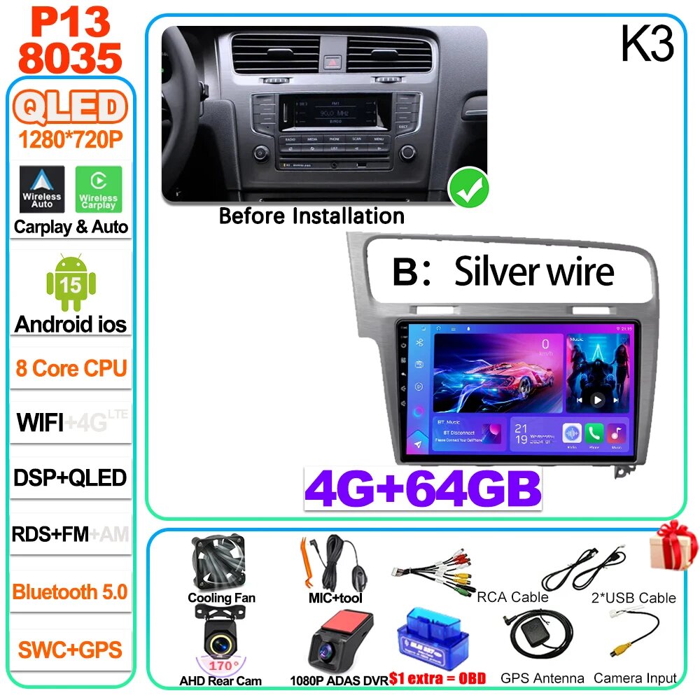 Автомагнитола Android 16 QLED для VW Golf 7 MK7 GTI 2012-2020, 4-64G-DVR WIFI
