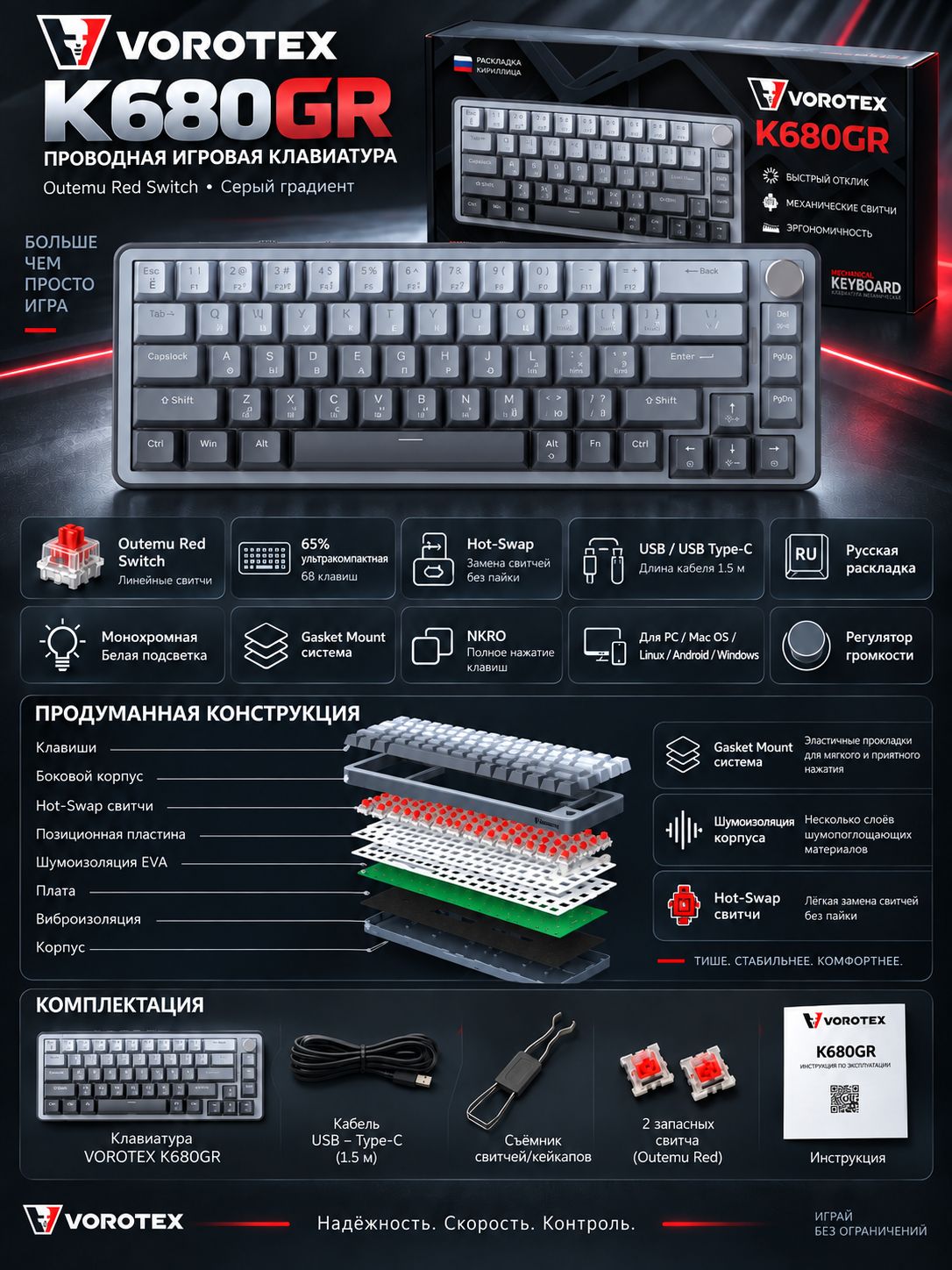 Клавиатура игровая проводная VOROTEX K680GR, Outemu Red Switch (Серый градиент)