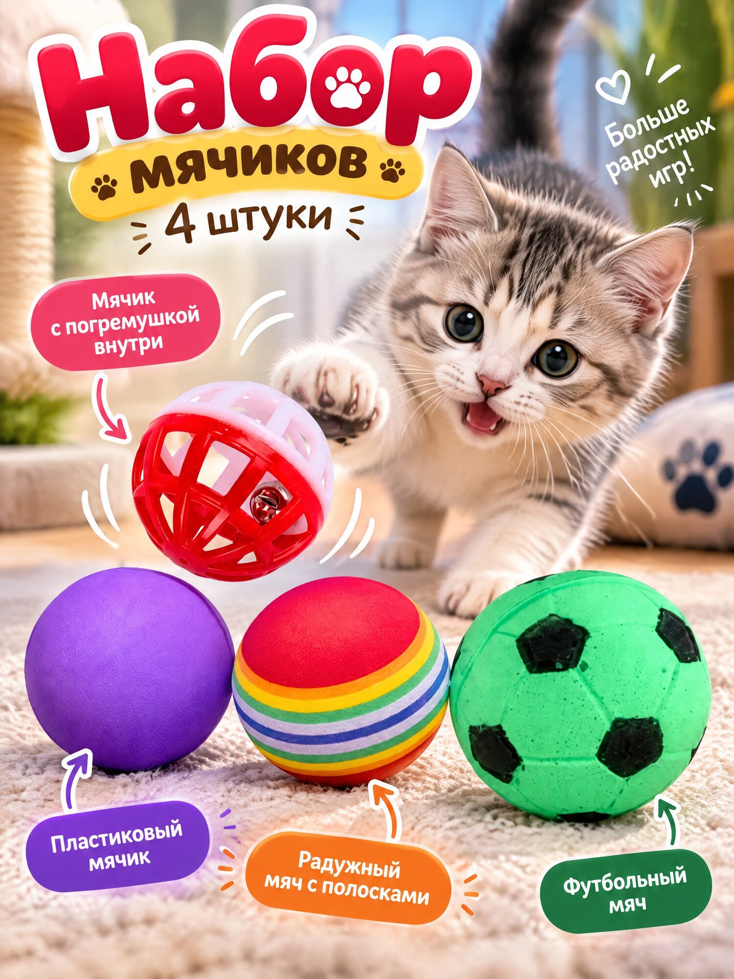 Набор игрушек Любимый Питомец "Мячики для котят", для всех возрастов, EVA/пластик