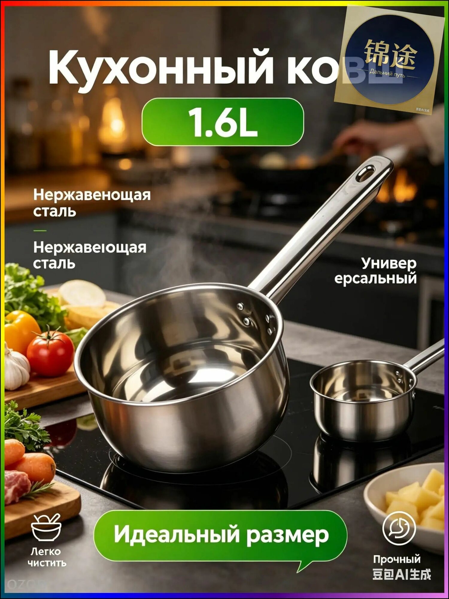 Кухонный ковш 1.6 л 16 см, нержавеющая сталь, нанокомпозитное покрытие