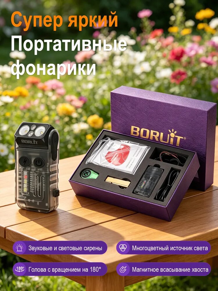 Boruit Фонарь-прожектор V20, 1000 лм, IP67, с компасом и свистком, черный