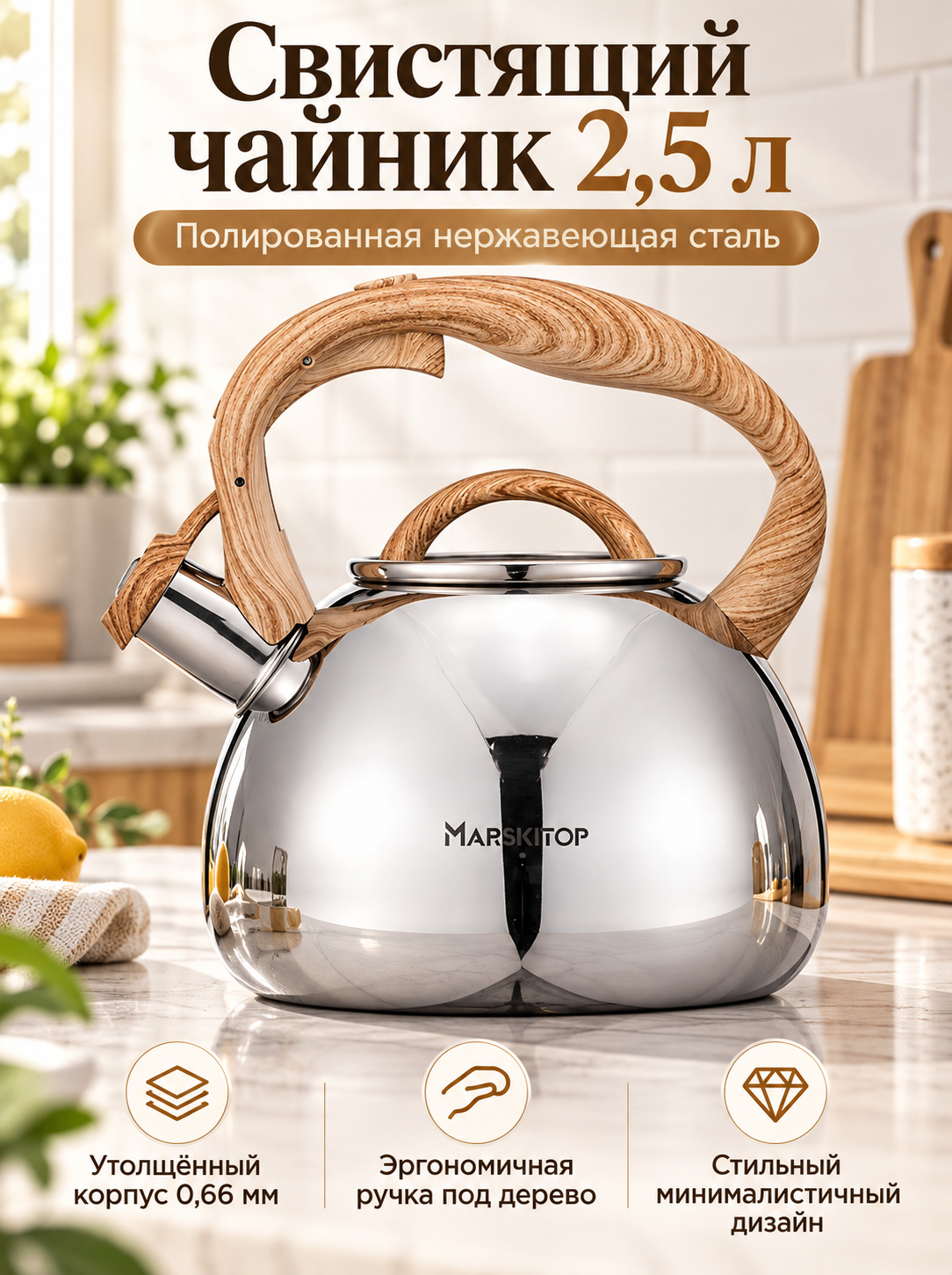 Чайник MARSKITOP, 2.5л, со свистком, серебристый, утолщённая нержавеющая сталь 304, для индукционной и газовой плиты