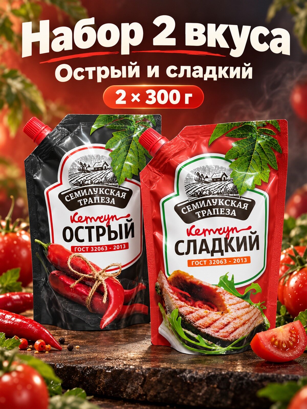 Набор кетчупов Семилукская трапеза Острый и сладкий, 2 вкуса по 300 г: острый, сладкий, кетчупы к мясу, шашлыку, пасте и пицце в одном заказе