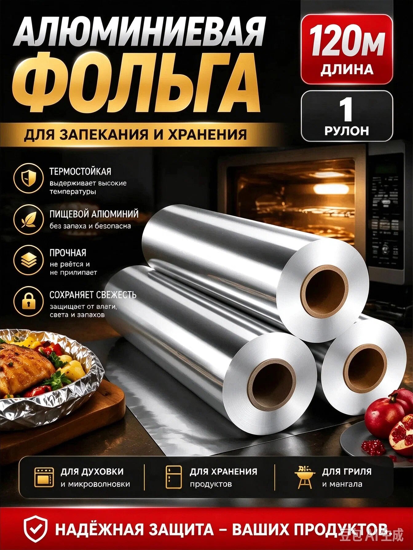 Алюминиевая пищевая фольга, рулон для кухни, запекания, упаковки продуктов и косметологии, 120m x 30cm
