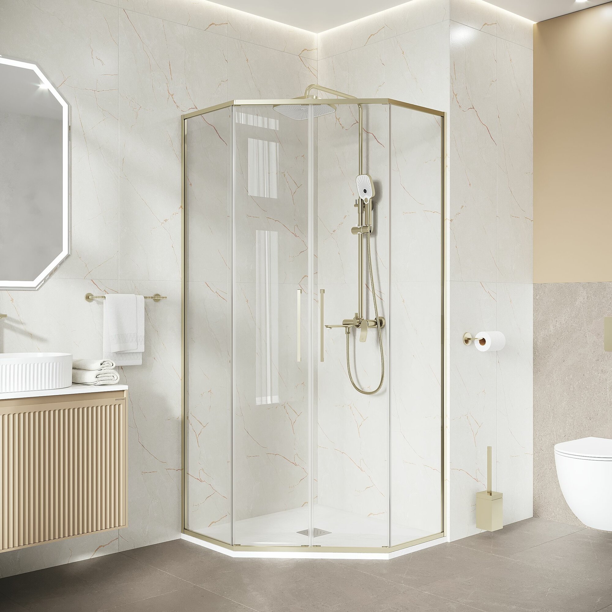 Душевое ограждение Niagara Nova NG-6438-100SG (100х100х195) трапеция, золото сатин, двери раздвижные, стекло прозрачное,1 место