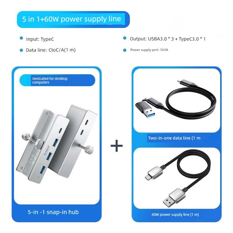 ORICO USB-хаб с поддержкой питания Type-C и аудио-кард-ридером, серебристый, 5-в-1, для настольного использования