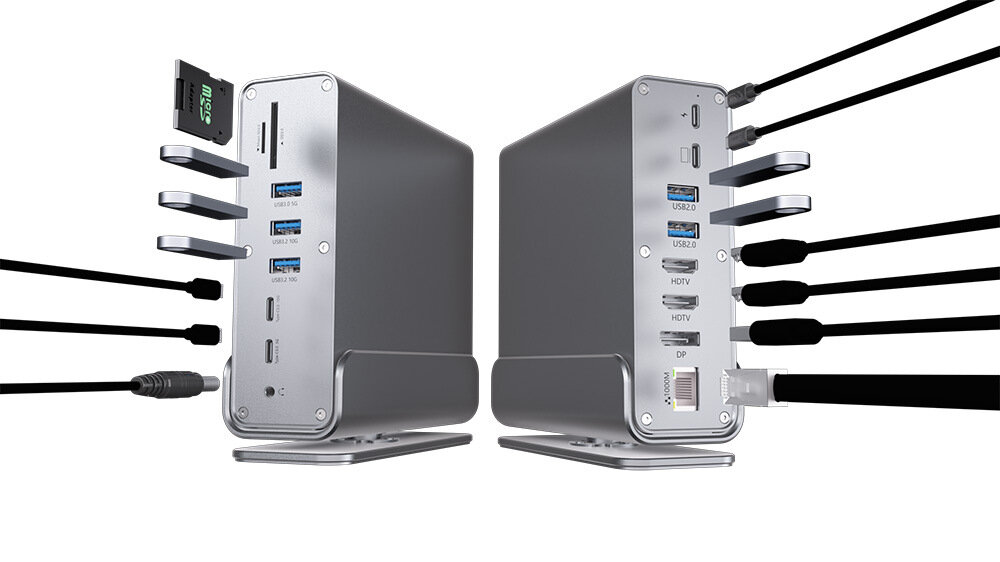 15-в-1 USB 4 Хаб-адаптер с двумя HDMI, DisplayPort, Type-C 10 Гбит/с, USB 3.0 и гигабитным Ethernet для ноутбука