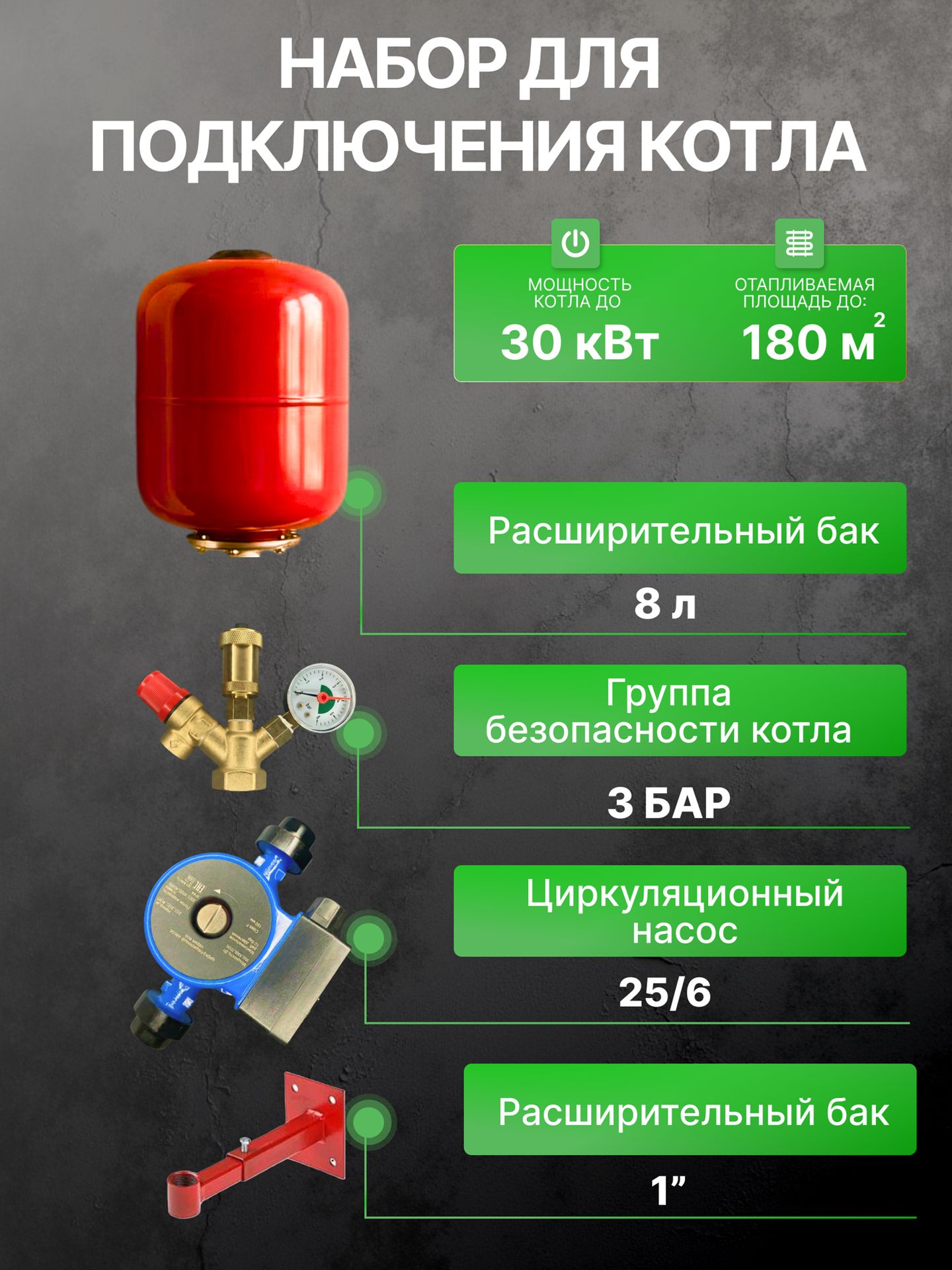 Набор для подключения электро котла 4 в 1: расширительный бак 8л (1"), насос 25/6, группа безопасности 3 бар, кронштейн для расширительного бака
