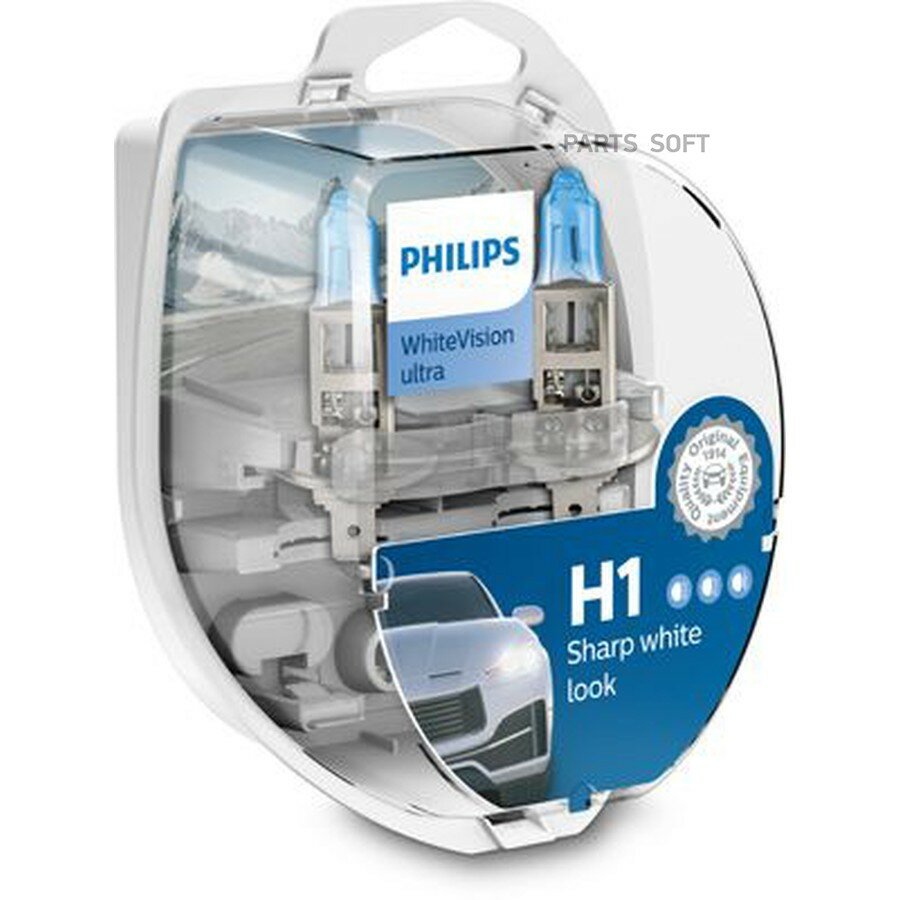 Лампа галогеновая головного света H1/W5W P14.5s/W2.1x9.5d 4200K White Vision Ultra 12V 55W Блистер 2 от официального дистрибьютора, PHILIPS, артикул 12258WVUSM
