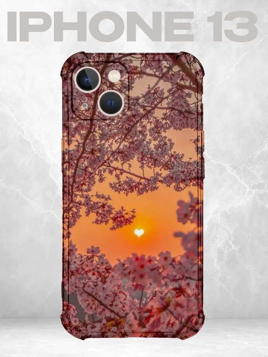 Чехол на iPhone 13 с принтом Закат среди цветущих ветвей