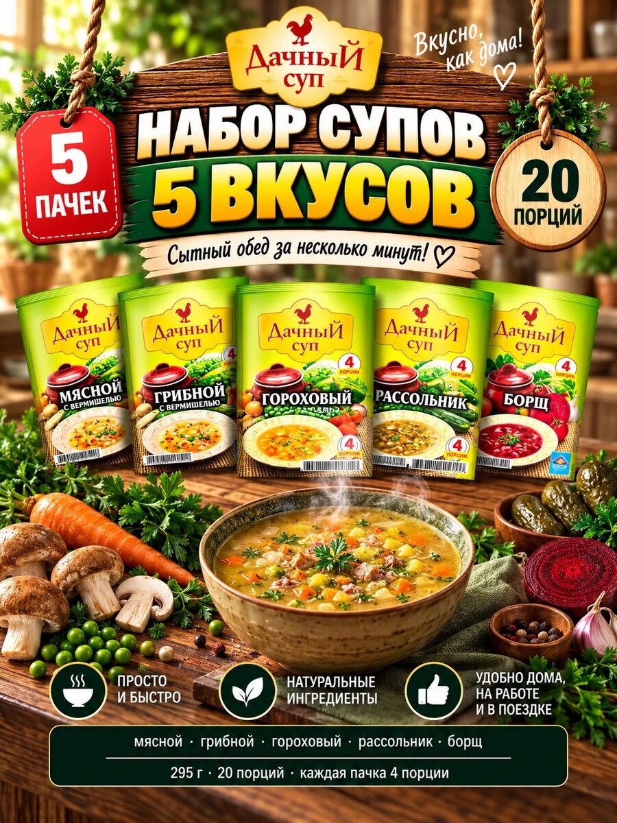 Набор супов 5 вкусов 295г мясной грибной гороховый рассольни