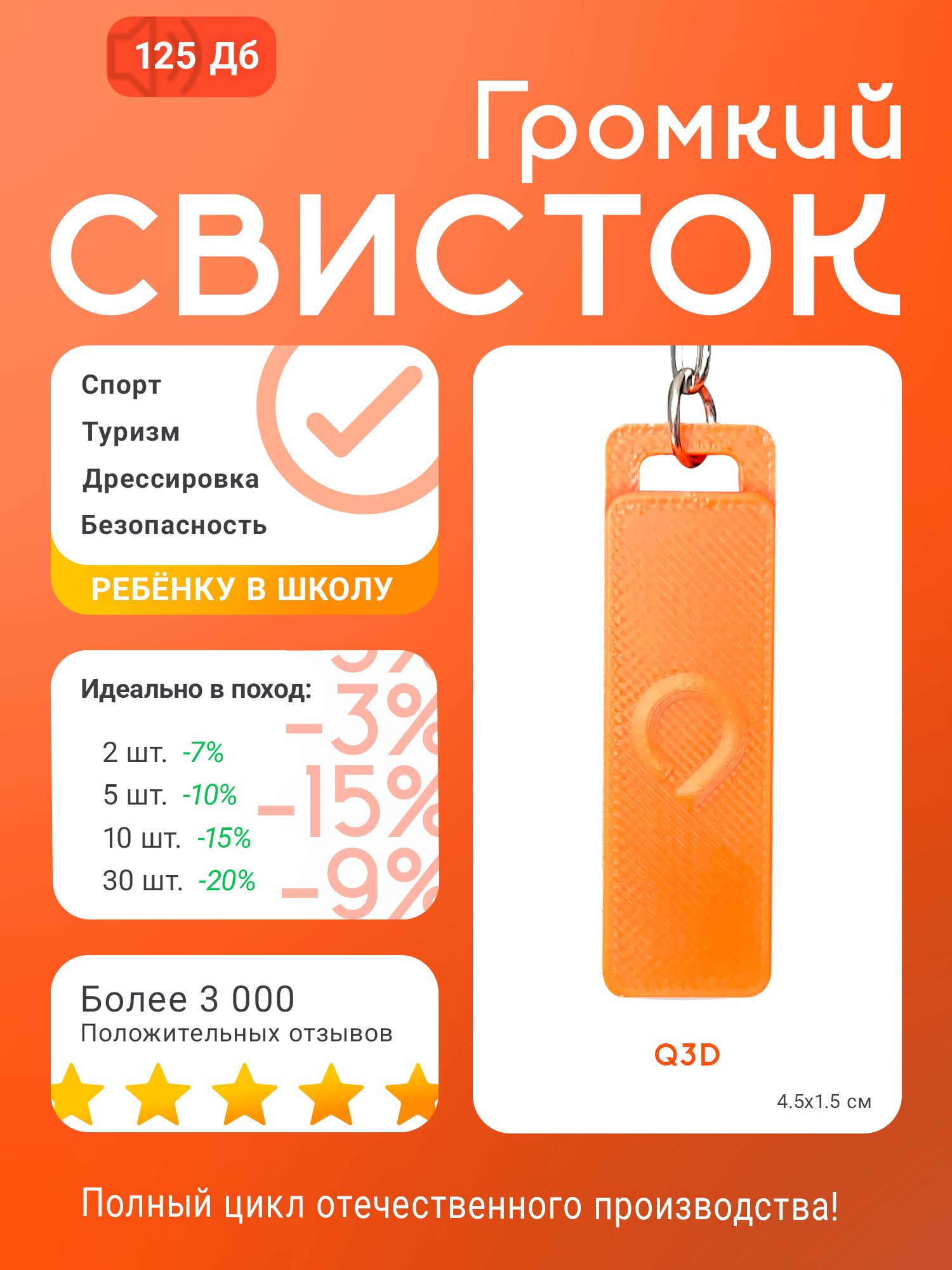 Свисток туристический громкий яркий 125 дб, на спасательный жилет