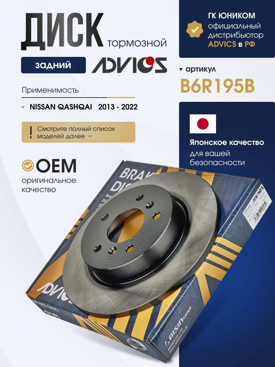 Диск тормозной задний NISSAN QASHQAI J11E (13-) ADVICS B6R195B