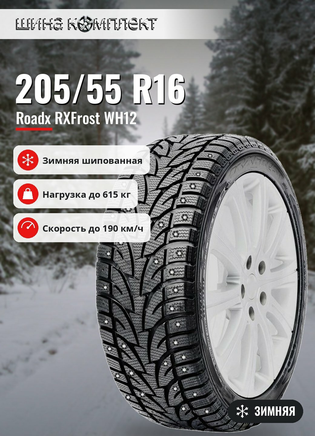 Автомобильная шина Roadx RXFrost WH12 205/55 R16 91T зимняя шип для легкового автомобиля
