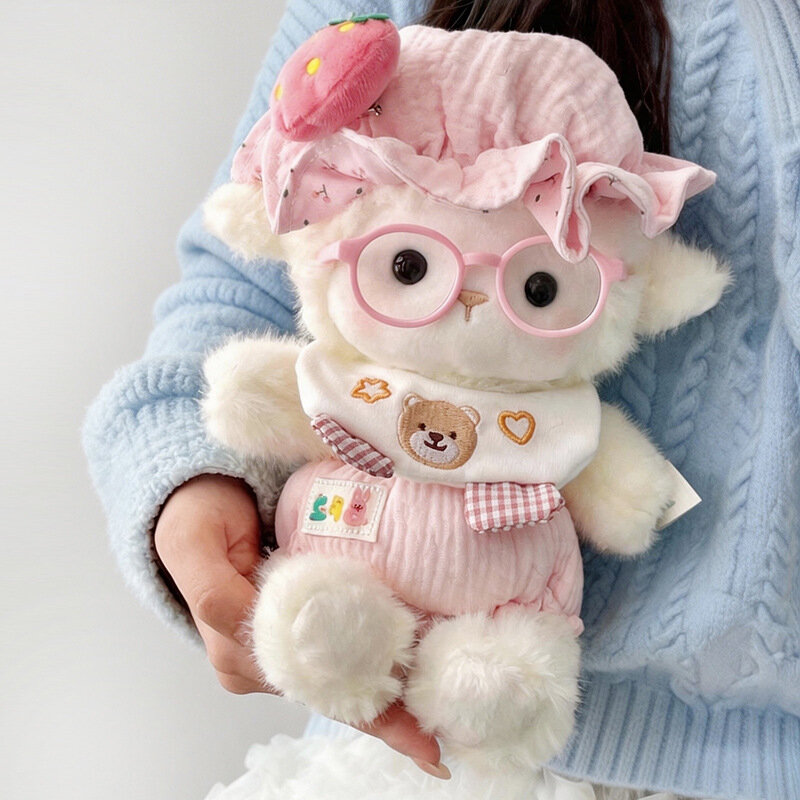 Плюшевая игрушка овечка в шапочке и очках, розовая, 25 см, 0.26 кг, мягкая кукла для детей, подарок на день рождения