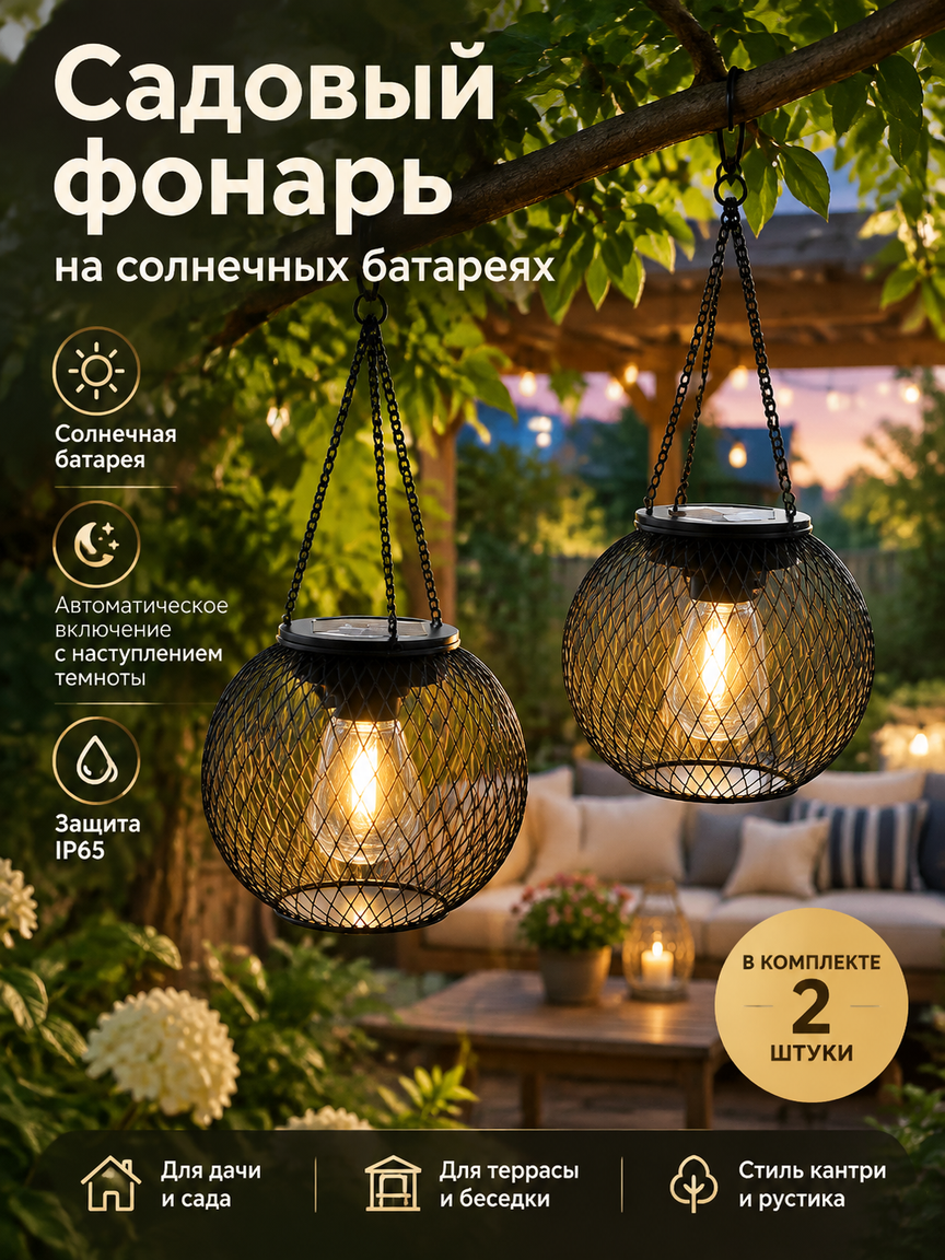 Садовый фонарь на солнечных батареях, 2 светодиодных плафона, IP65, металл, черный, кантри