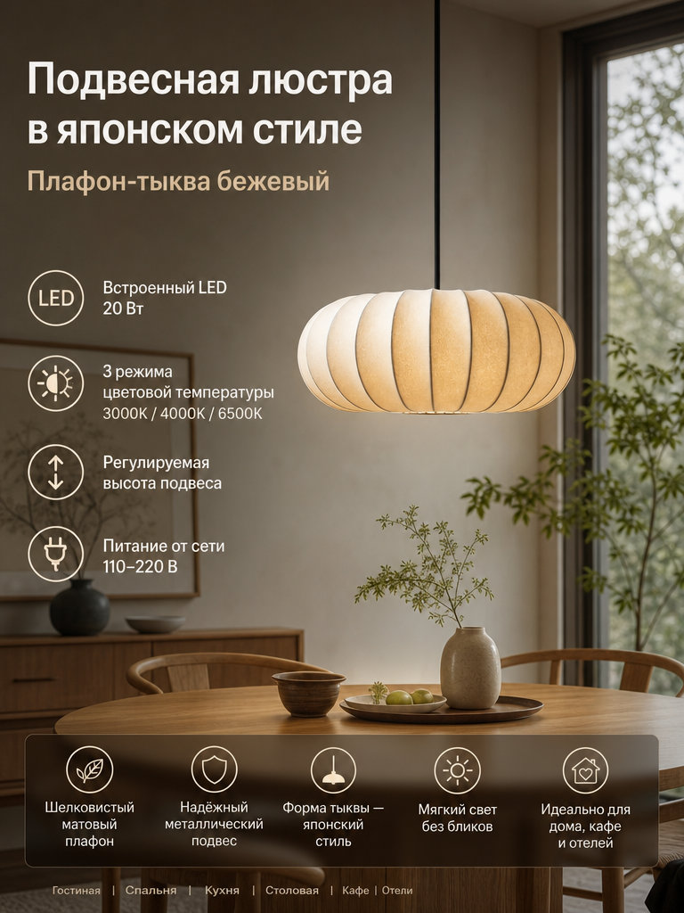 Люстра подвесная в японском стиле, плафон-тыква бежевый, светодиодная 20 Вт, высота регулируется