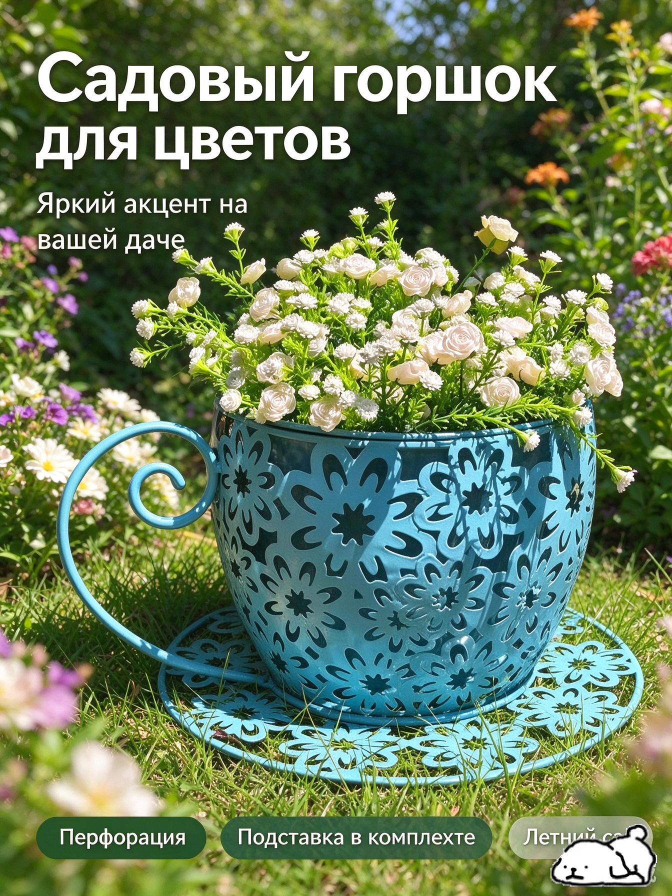 Цветочный горшок "Кофейная чашка", кованый, синий, для декора, с дренажным отверстием