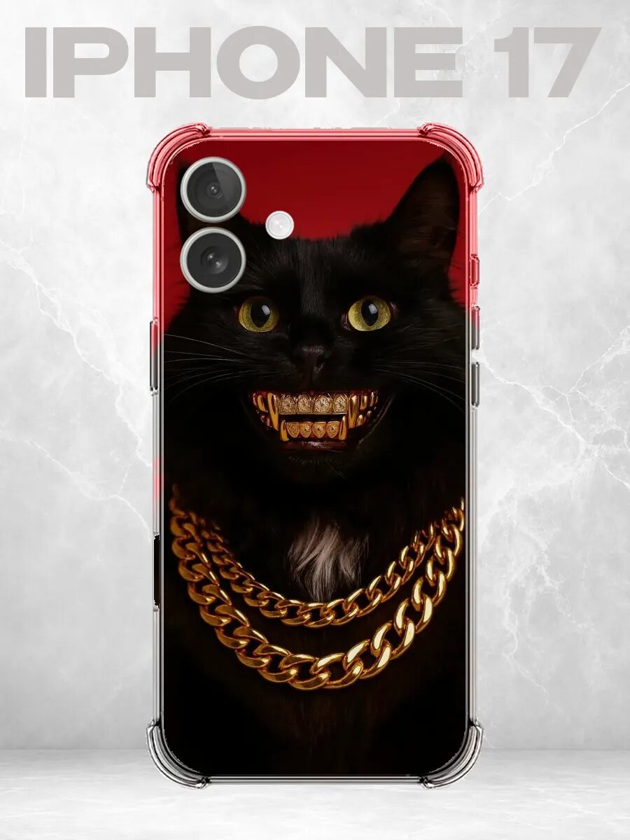 Чехол на iPhone 17 с принтом Черный кот с золотой цепью