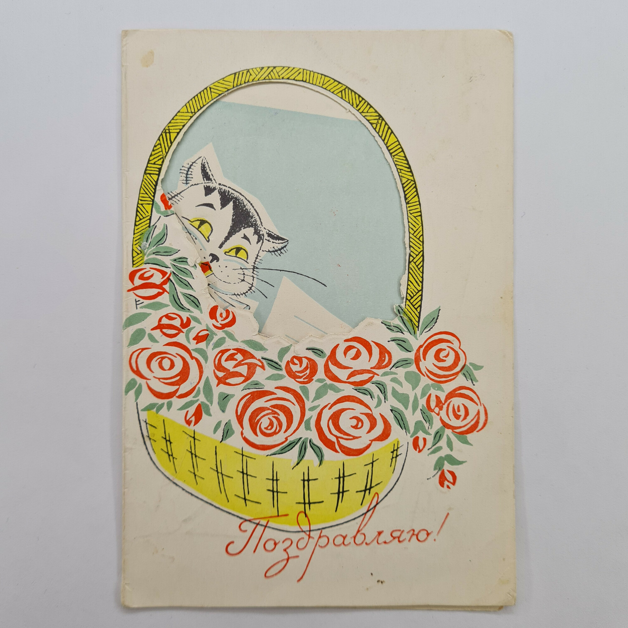 Открытка советская СССР. Кот в корзине с розами, поздравительная надпись. Винтаж