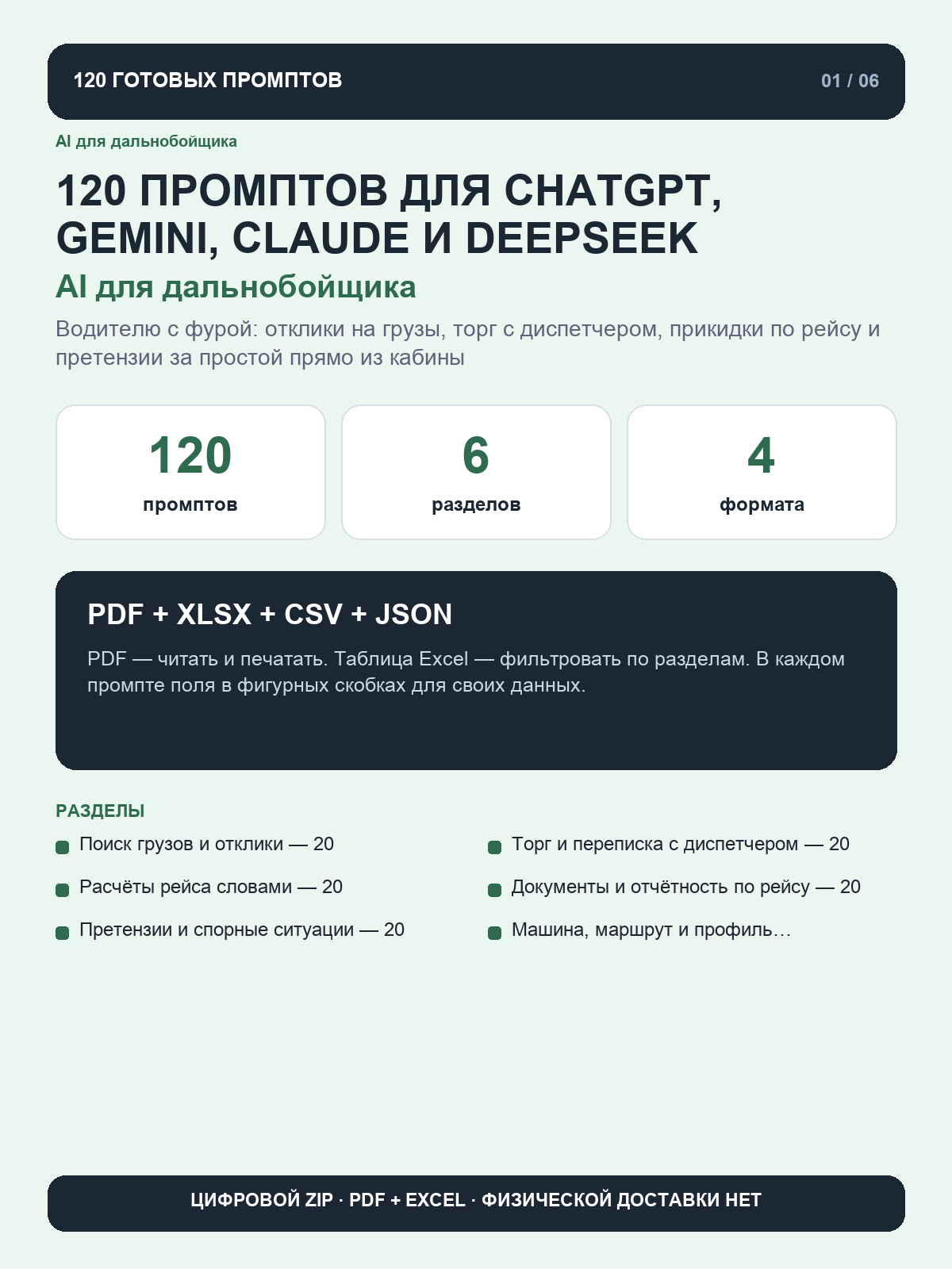 AI для дальнобойщика: 120 промптов для ChatGPT, Gemini, Claude и DeepSeek, цифровой ZIP
