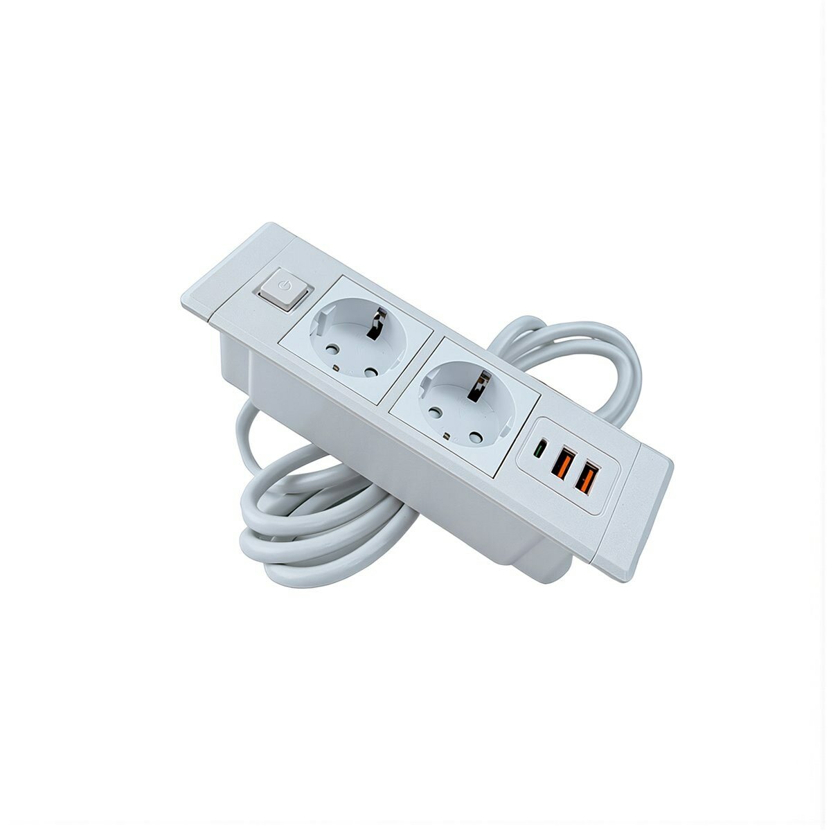 Встраиваемая евророзетка черная размеры 195*58*51 мм 2 розетки 2USB 1C кабель 1.8 м выключатель