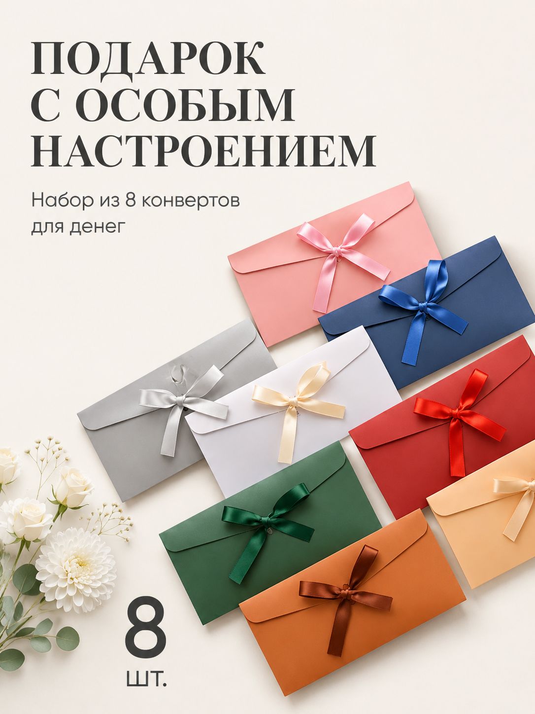 Подарочный конверт для денег и сертификатов , 8шт
