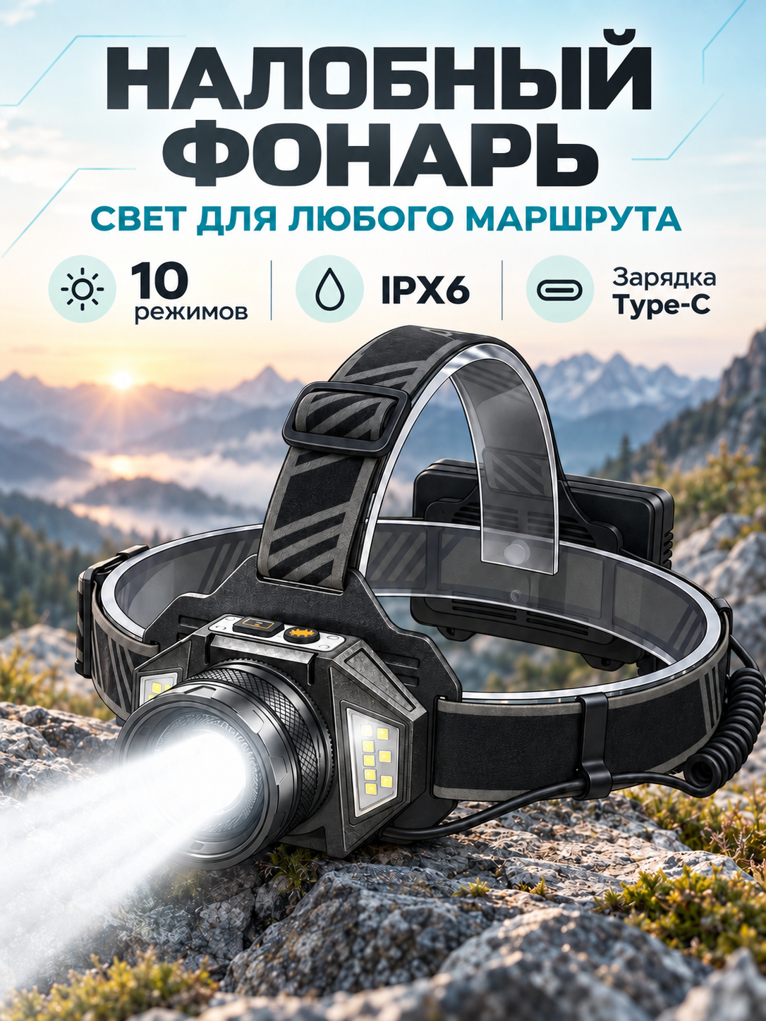 Фонарь налобный лазерный с боковым светом, трех аккумуляторный